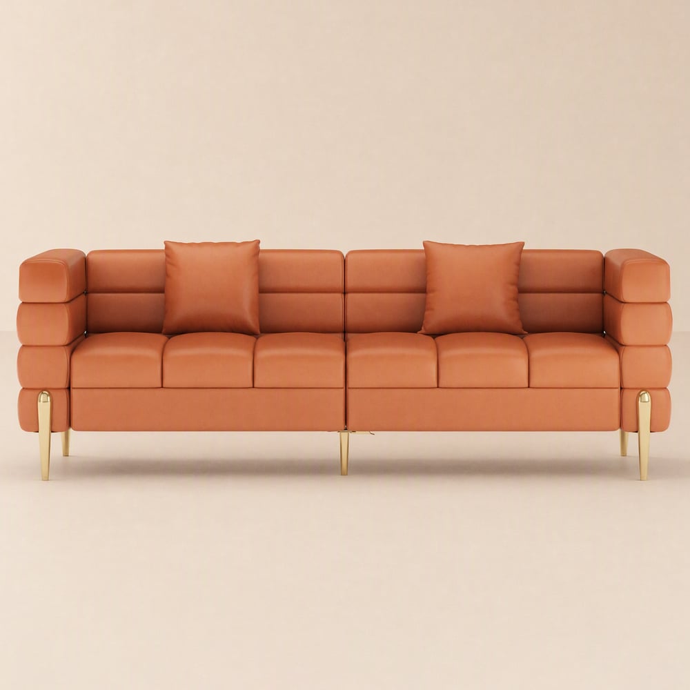 Axial 201 cm Faux Leather Fluted Sofa with Gold Legs & Pillows window image