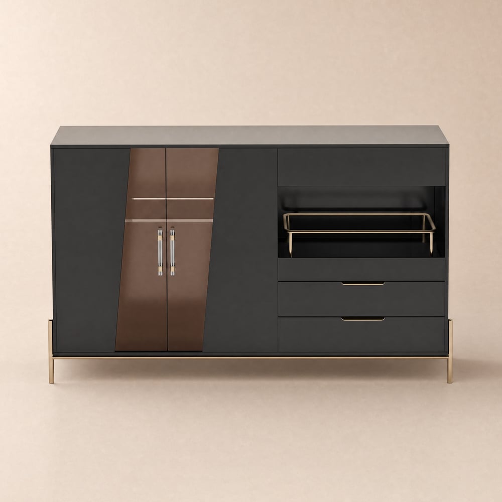 Vaisselier en bois noir Dolawn de 55" (140 cm) avec plateau et porte-bouteilles image de fenêtre