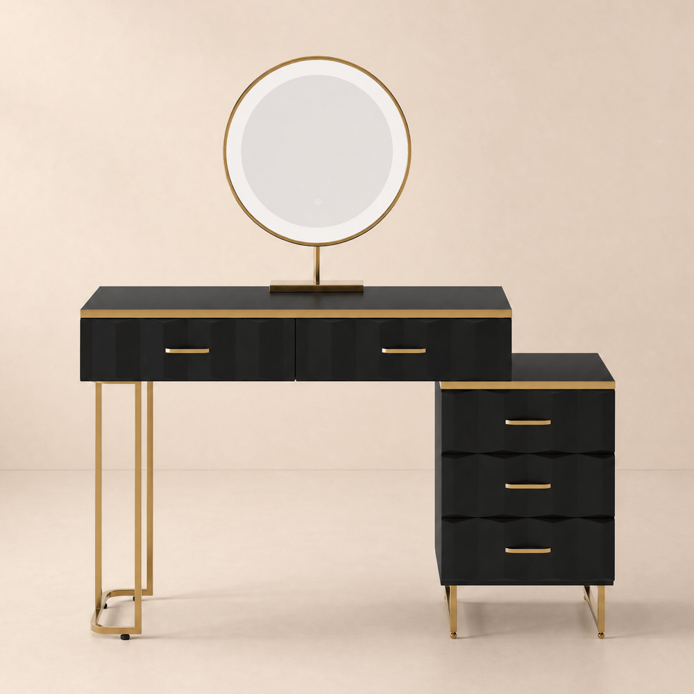 Coiffeuse moderne extensible avec 5 tiroirs, tabouret et miroir LED image de fenêtre