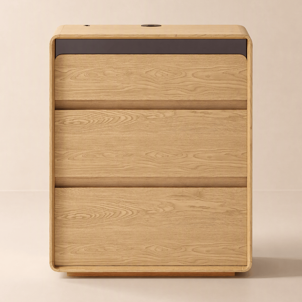 Meloa Intelligenter Nachttisch aus Holz mit 3 Schubladen, LED-Beleuchtung und Ladestation, 600 mm Schaufensterbilder