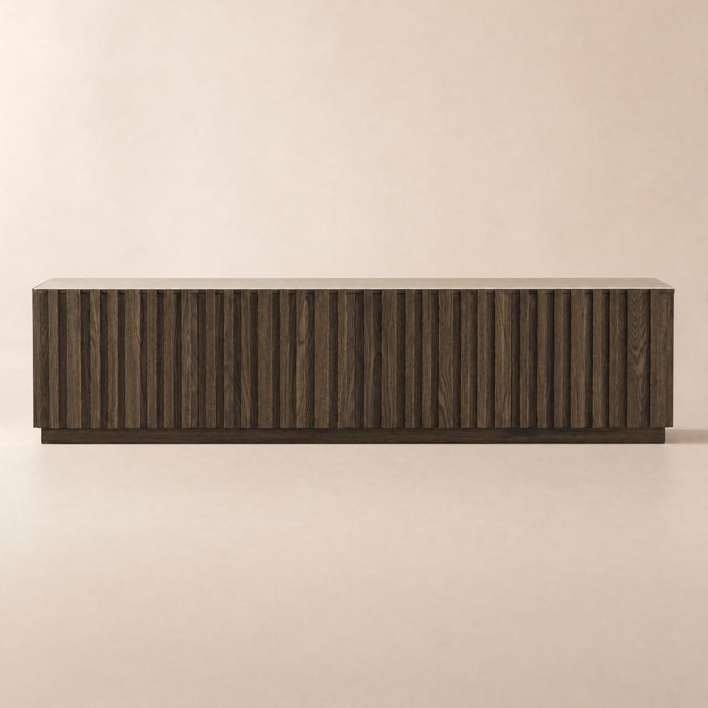 Aura 210 cm Ash Wood Fluted Smoked Brown TV Stand with Sintered Stone Top window image