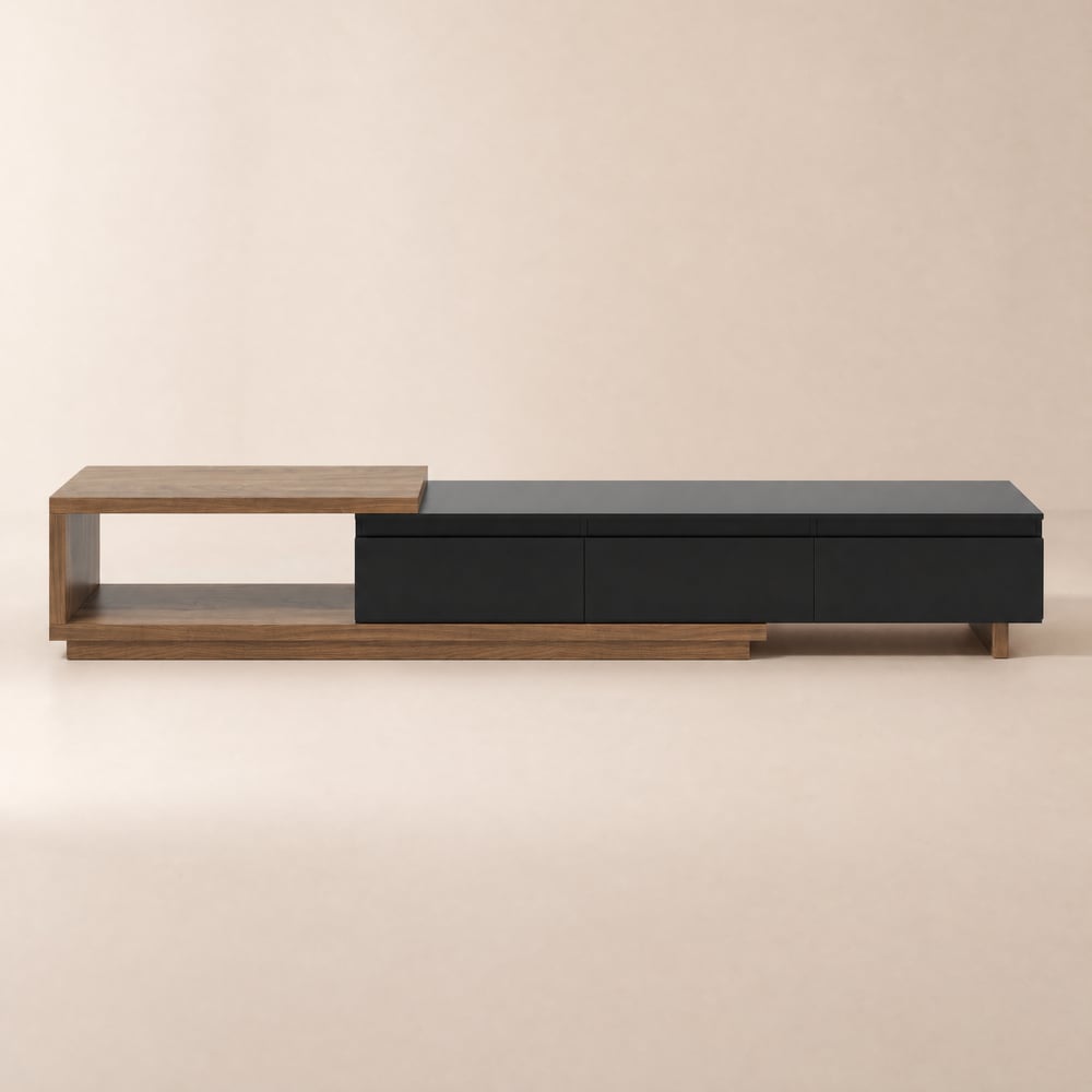 Meuble TV extensible Quoint 179 - 255 cm en bois avec lumière et 3 tiroirs - noir et noyer image de fenêtre