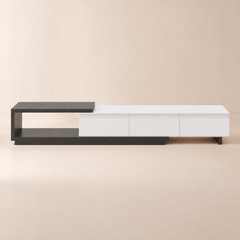 Mueble TV extensible Quoint 179 - 255 cm en bois avec lumière et 3 tiroirs - blanc et noir image de fenêtre