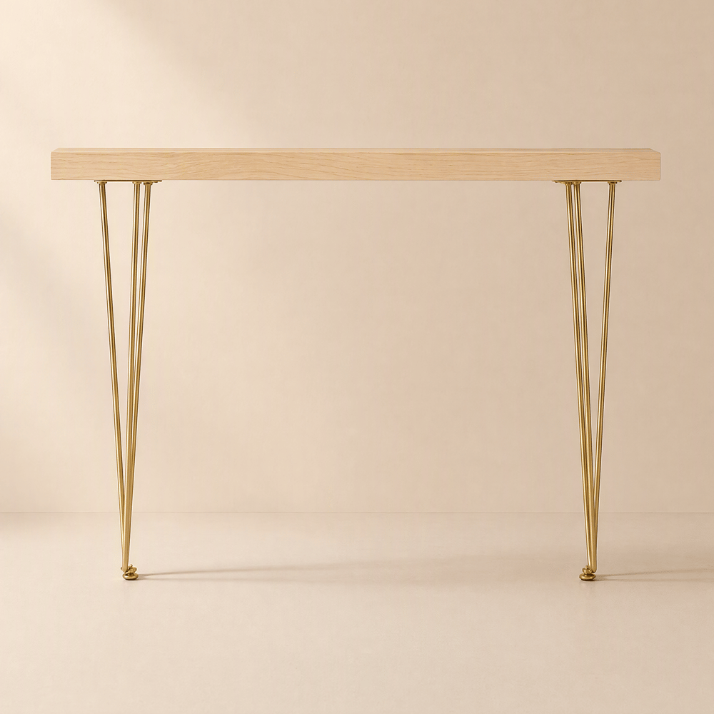 Table console rectangulaire étroite rustique de 1000 mm avec plateau en bois et pieds en épingle à cheveux en métal image de fenêtre