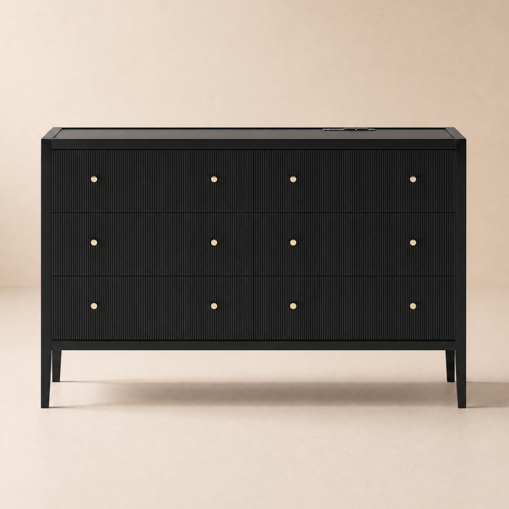 Stria 47" Fluted Black 6-Drawer Dresser with Charging Station window image