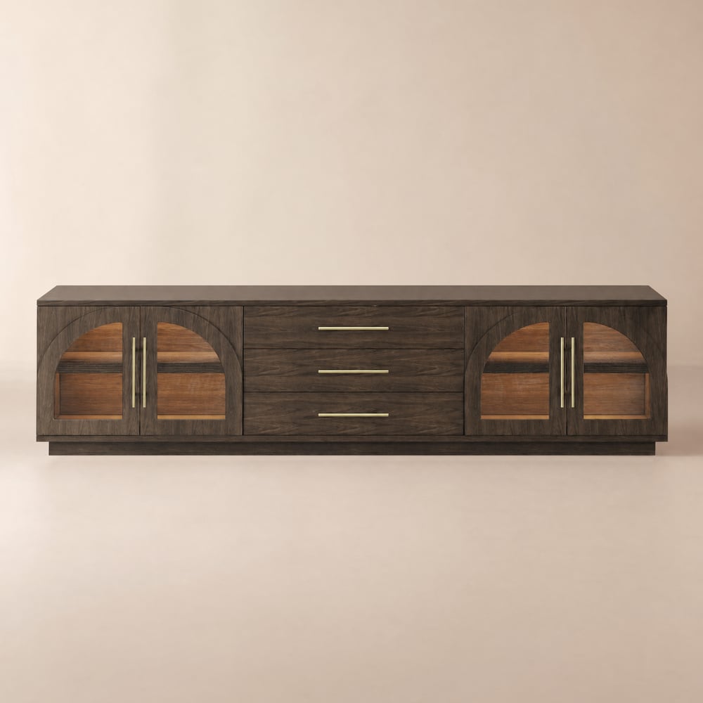 Arune 200 cm Arched Glass Doors Smoked Brown TV Stand with Storage and LED window image