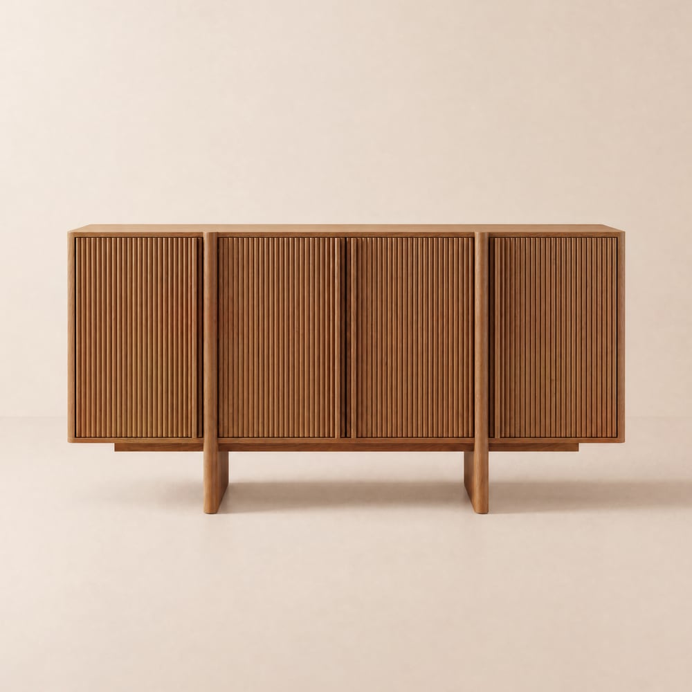 Lineva Mid Century 64" Walnut Wood Fluted Sideboard with Storage & Adjustable Shelves window image