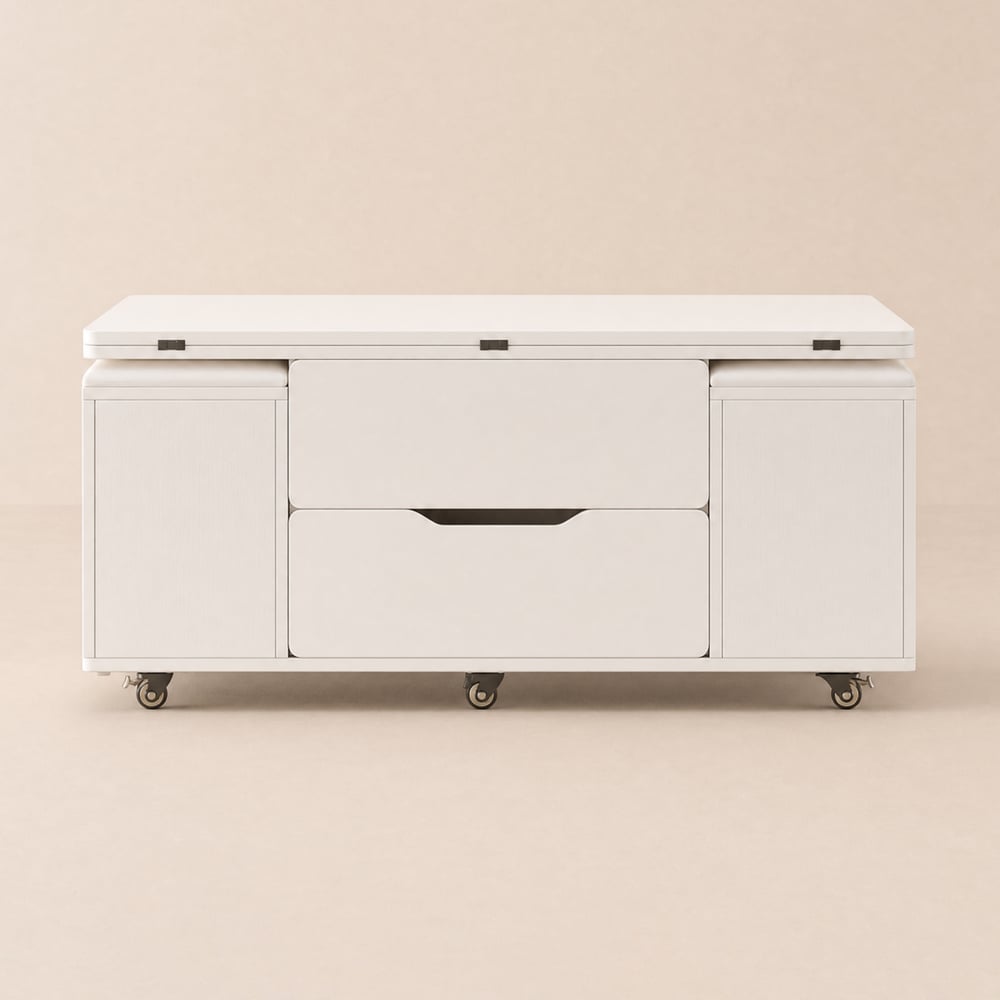 100 cm Lift-Top Foldable White Coffee Table with 4 Stools & Storage window image