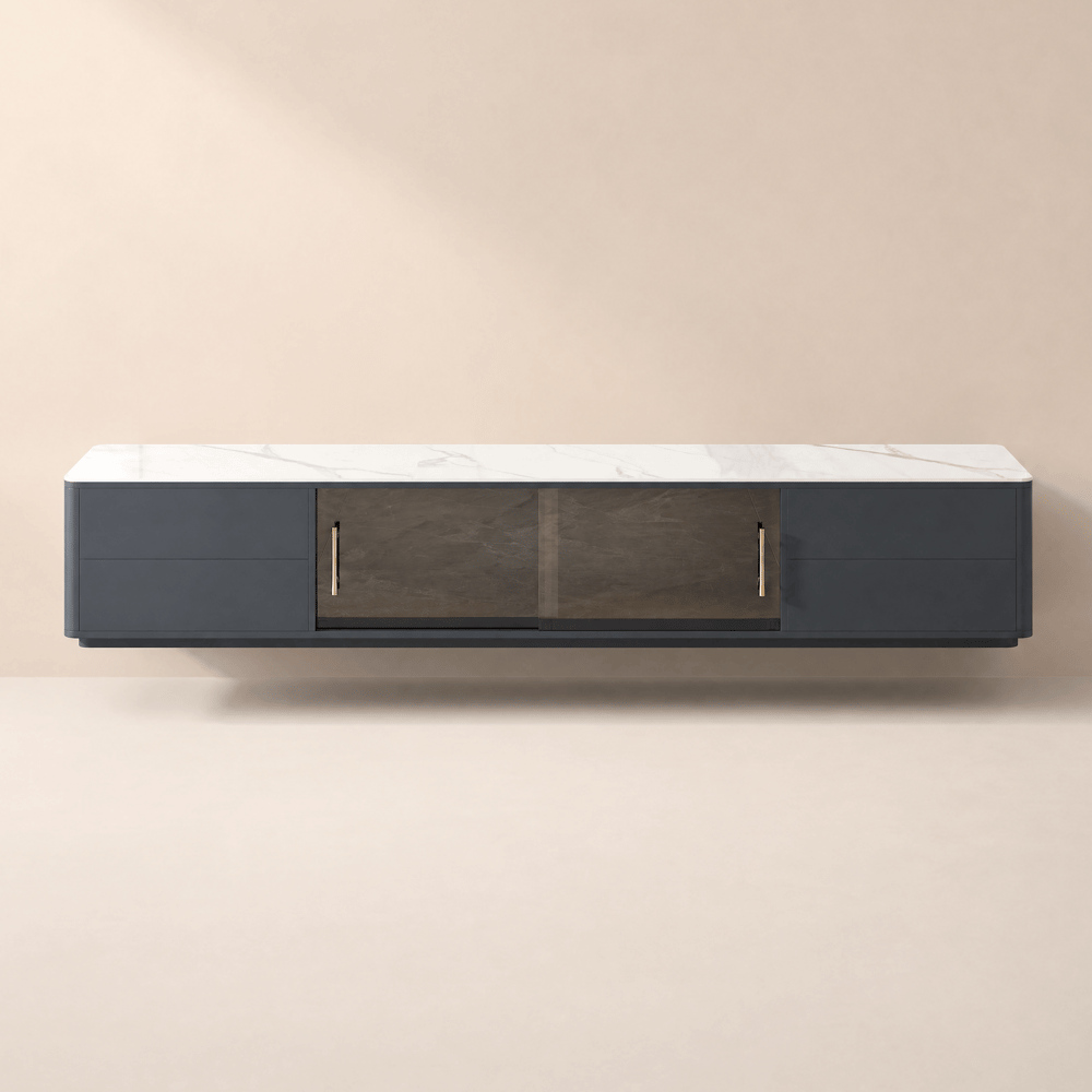 Modern 2210 mm TV Stand with Sintered Stone Top, Glass Doors & 4 Drawers window image