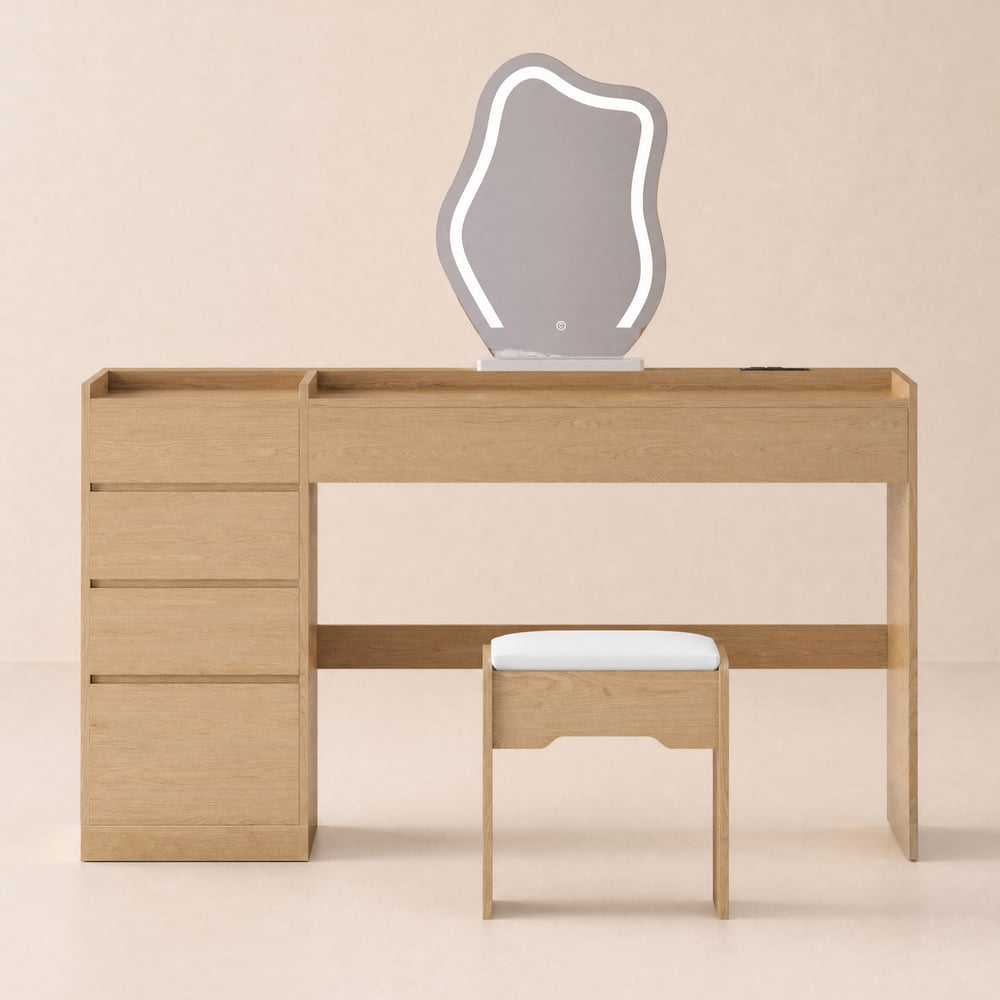 Ensemble de coiffeuse moderne naturel avec station de recharge et miroir image de fenêtre