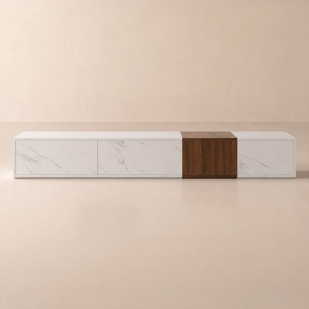 Vewal Modern Wood Block TV Stand Marble & Walnut Veneer in White with 4 Drawers window image
