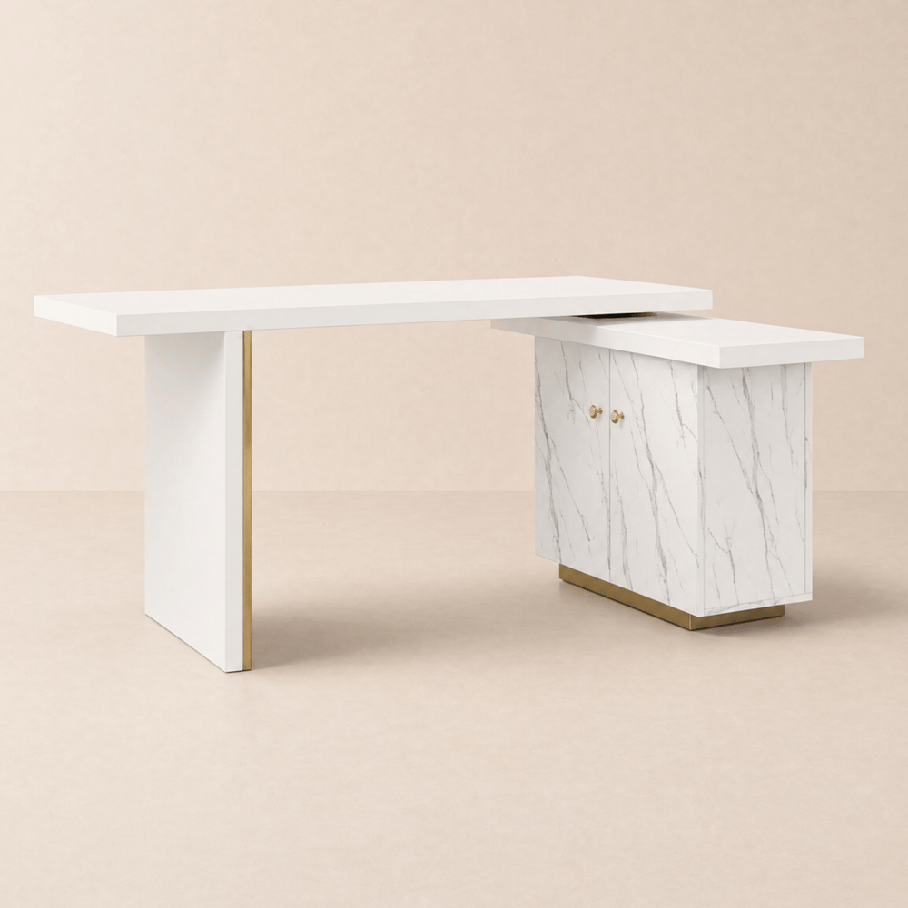 2235mm Modern White L-Shape Writing Desk with Side Cabinet Wood Office Desk Gold Finish window image
