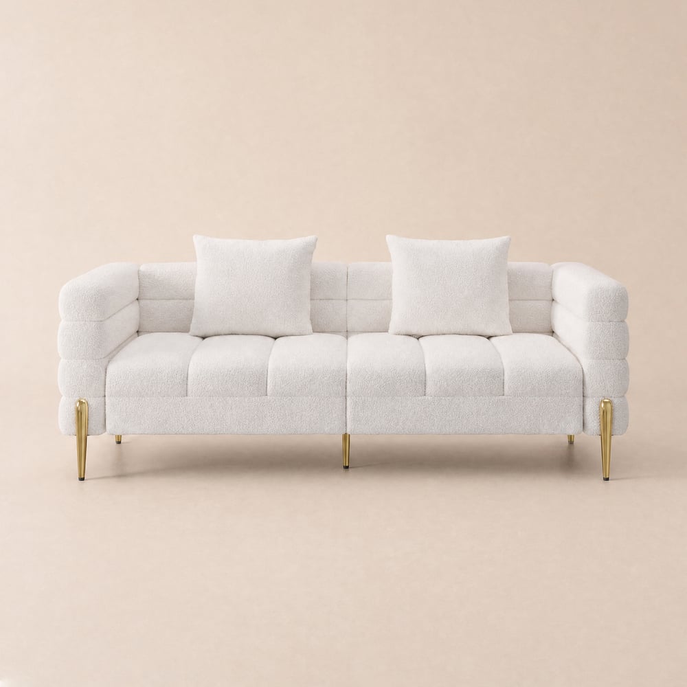 Axial 200 cm geribbelde bouclé bank met gouden poten en kussens Vensterafbeelding