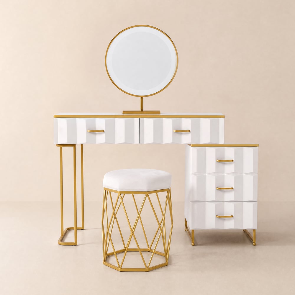 Modern Extendable Makeup Vanity with 5 Drawers, Stool & LED Mirror window image