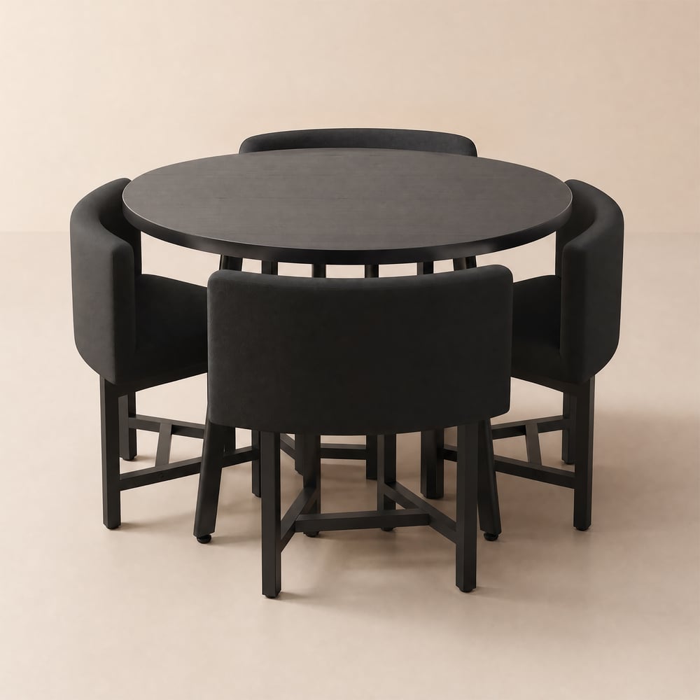 Juego de comedor moderno con mesa redonda de madera negra y 4 sillas negras Imagen de ventana