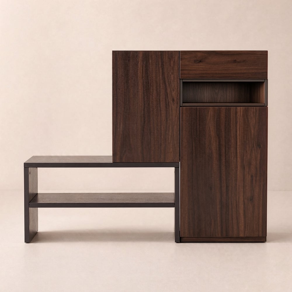 Fero Walnut Corner Shoe Storage Cabinet with 7 Shelves & 1 Drawer Entryway Shoe Storage window image