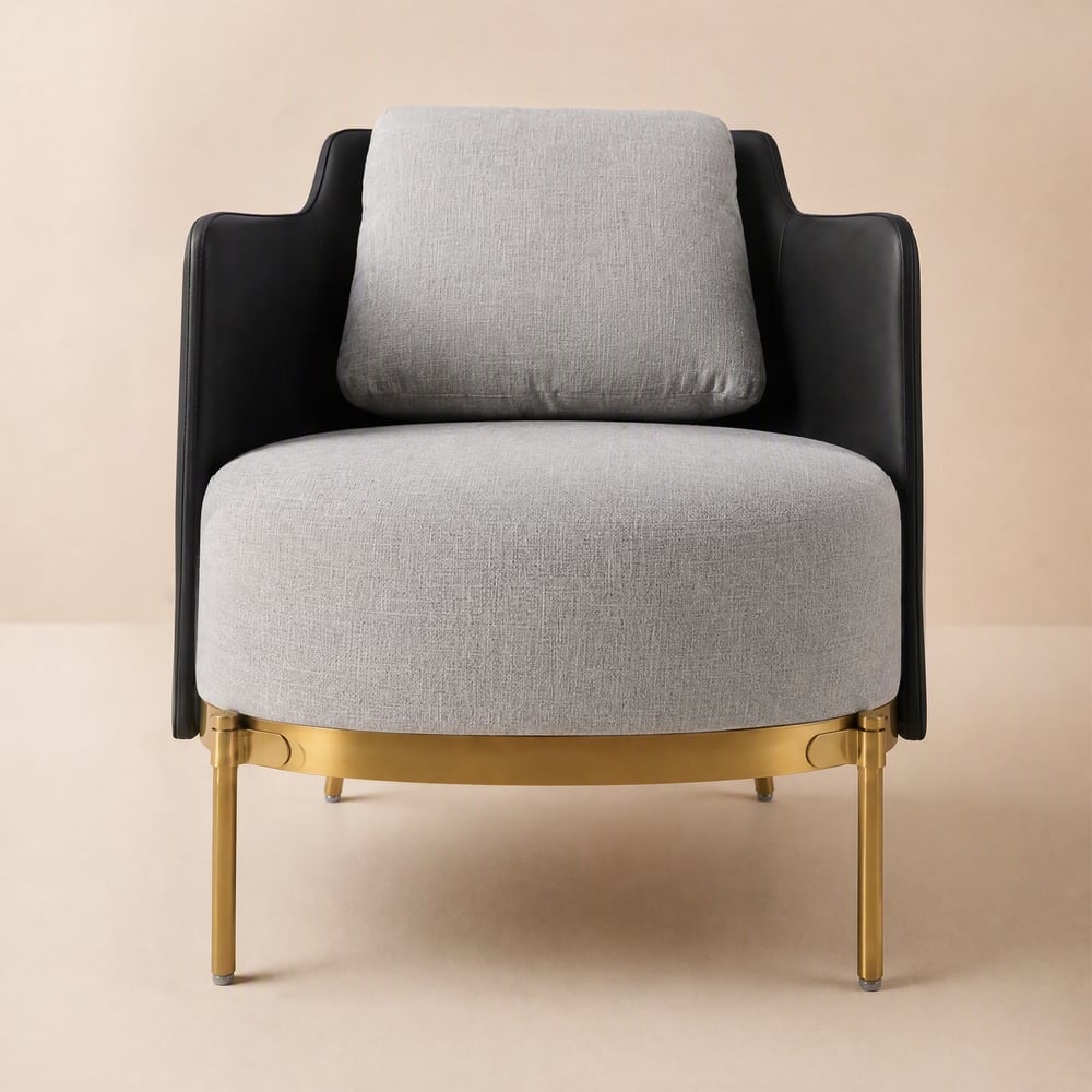 Modern Linen & Faux Leather Barrel Accent Chair with Metal Legs window image