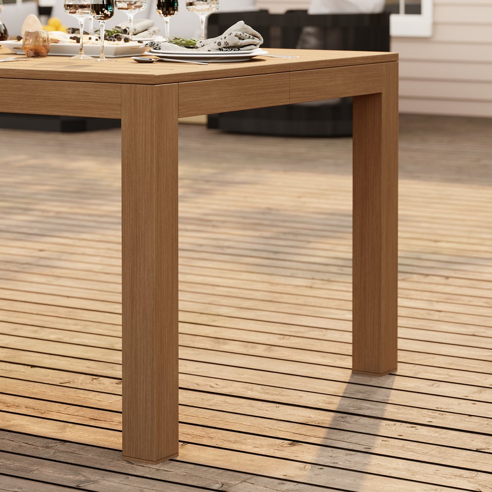 Table à manger d’extérieur Wevara 220 cm en aluminium à lattes finition noyer image de fenêtre