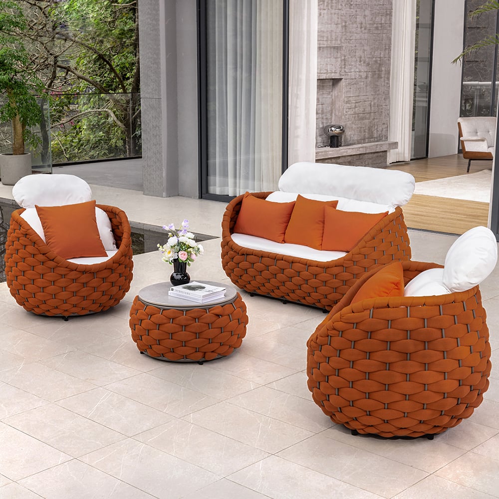 Cocaro 4-Piece Outdoor Rope Weave Sofa Set with Coffee Table in Orange window image