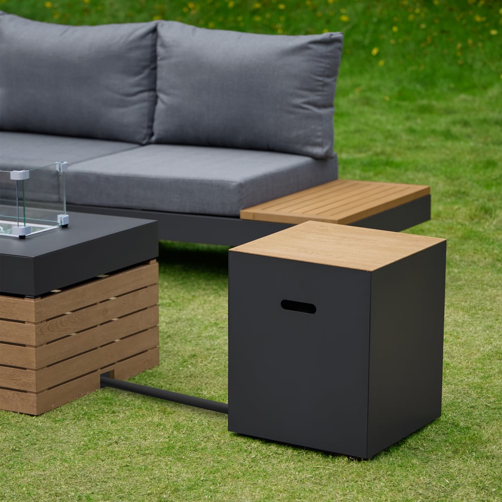 Tevara 5-Pieces Modular Teak Outdoor Sofa Set with Smokeless Fire Pit in Gray window image