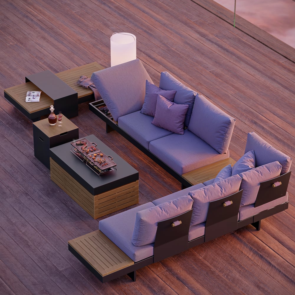 Tevara 5-Pieces Modular Teak Outdoor Sofa Set with Smokeless Fire Pit in Gray window image