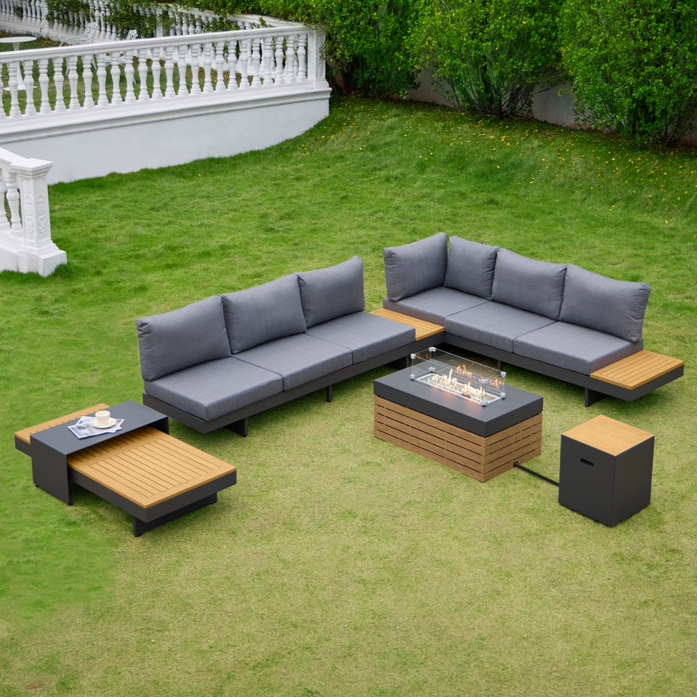 Tevara 5-Pieces Modular Teak Outdoor Sofa Set with Smokeless Fire Pit in Gray window image