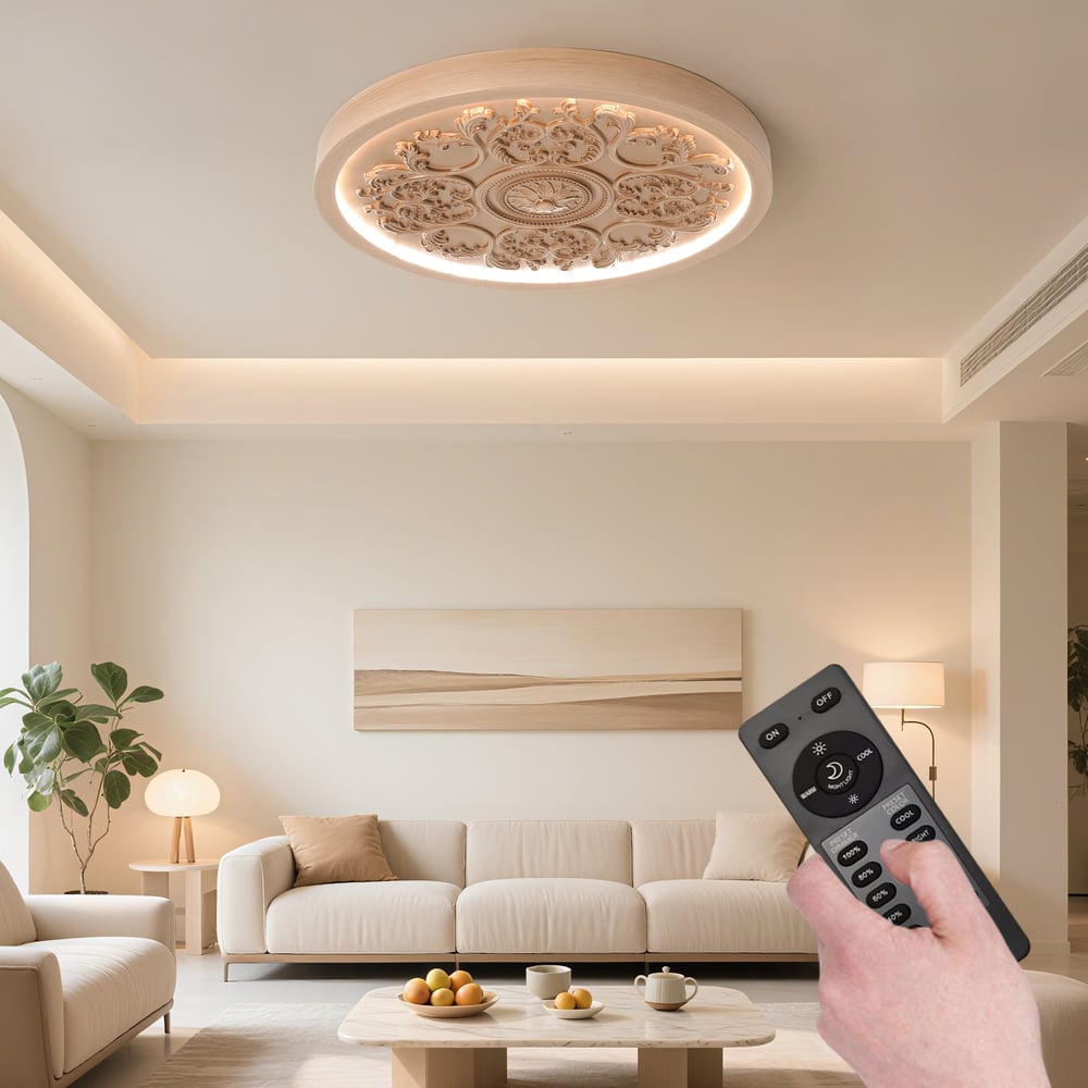 French Elegant Natural Resin 3D Carved LED 3 Modes Dimmable Flush Ceiling light window image