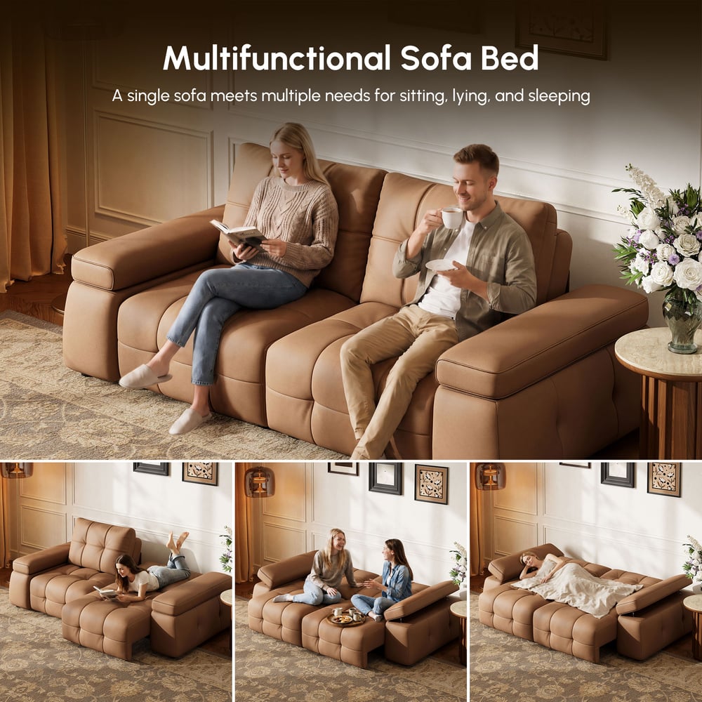 243cm 2-Seater Real Leather Power Convertible Sleeper Sofa with adjustable armrests window image