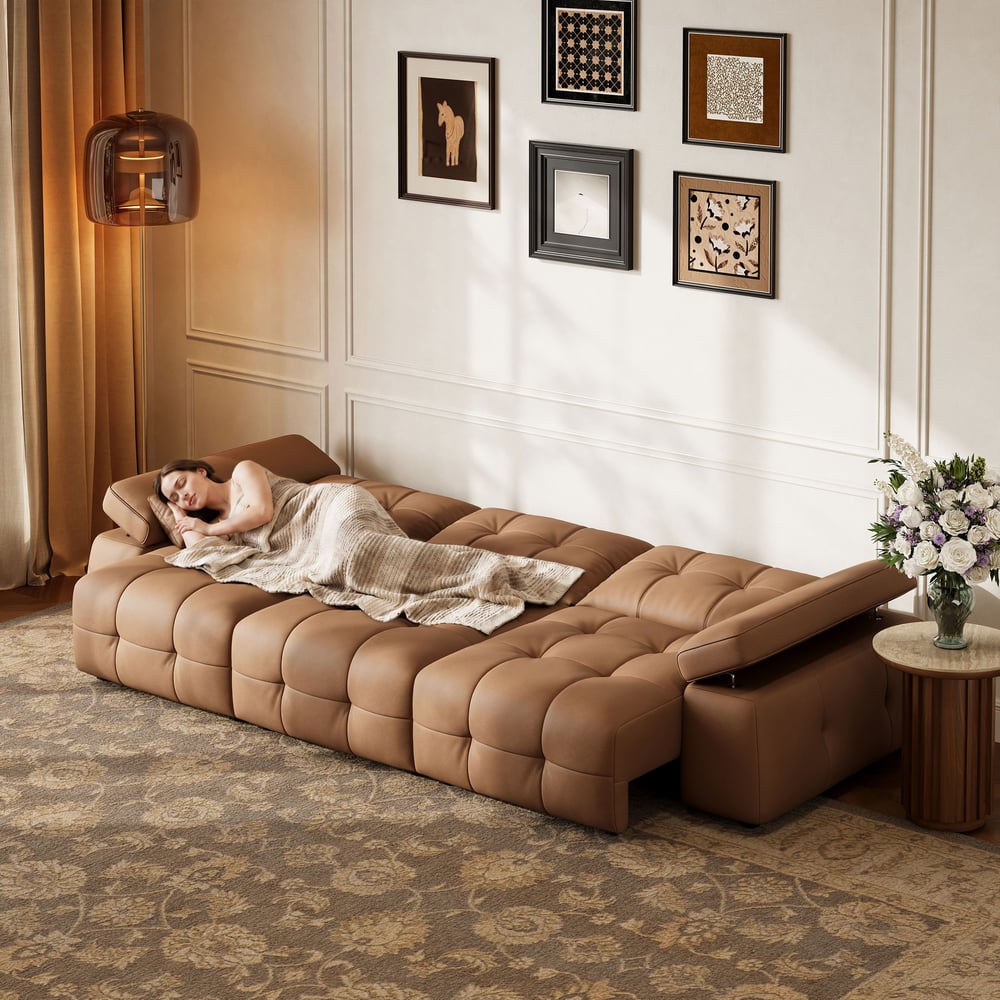 130" 3-Seater Genuine Leather Power Convertible Sleeper Sofa with adjustable armrests window image