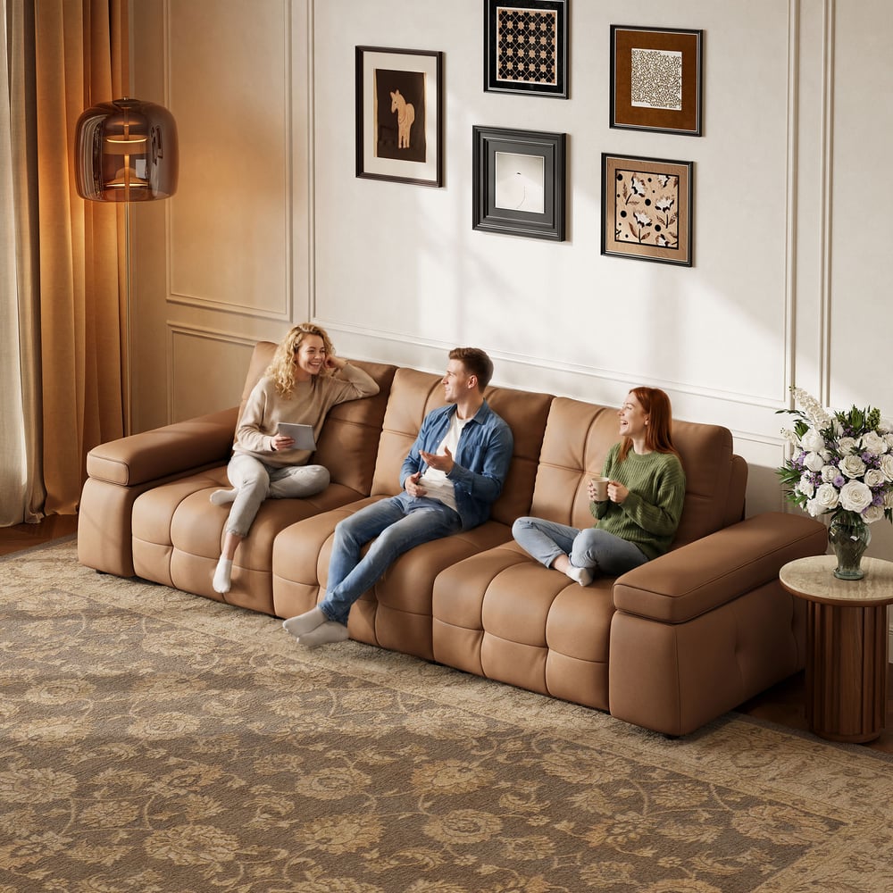 130" 3-Seater Genuine Leather Power Convertible Sleeper Sofa with adjustable armrests window image