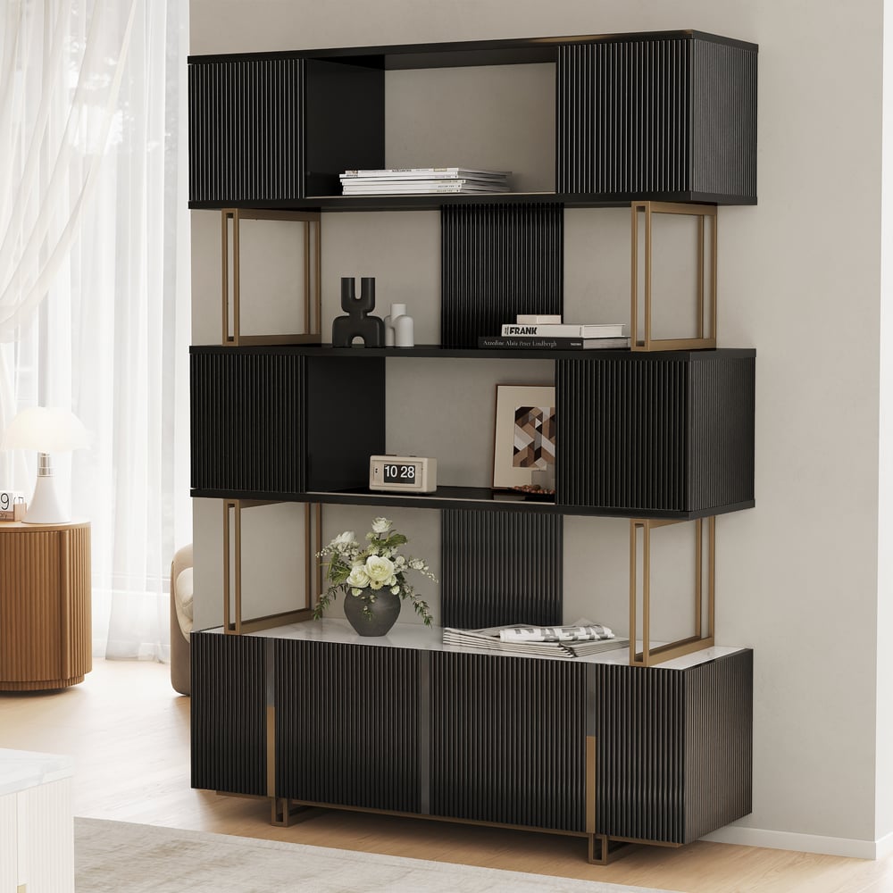66.9" Glossy Black Sliding Door Etagere Bookshelf 5-Shelf Tall Book Shelf Rich Storage window image
