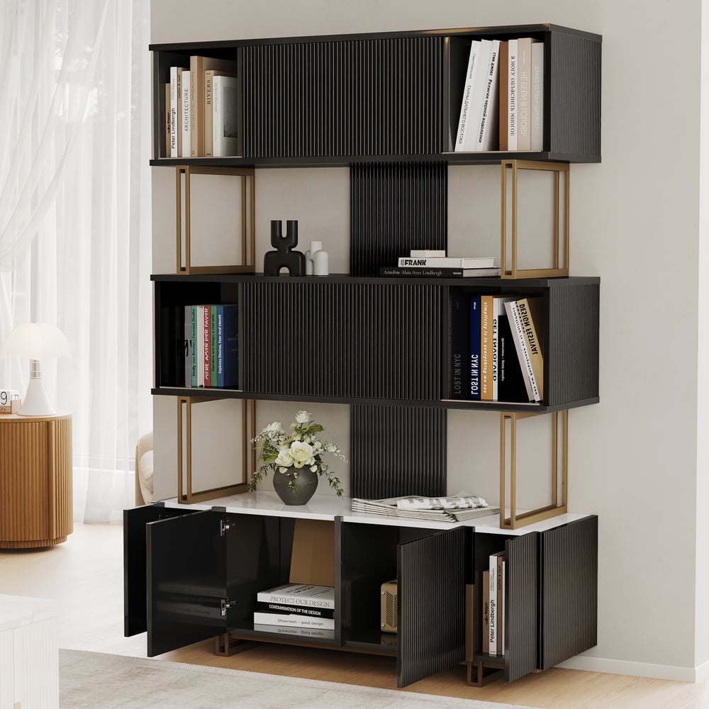 66.9" Glossy Black Sliding Door Etagere Bookshelf 5-Shelf Tall Book Shelf Rich Storage window image