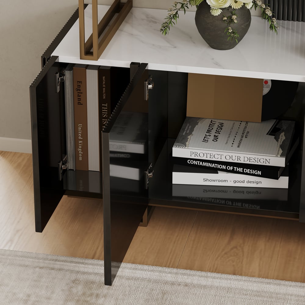 66.9" Glossy Black Sliding Door Etagere Bookshelf 5-Shelf Tall Book Shelf Rich Storage window image