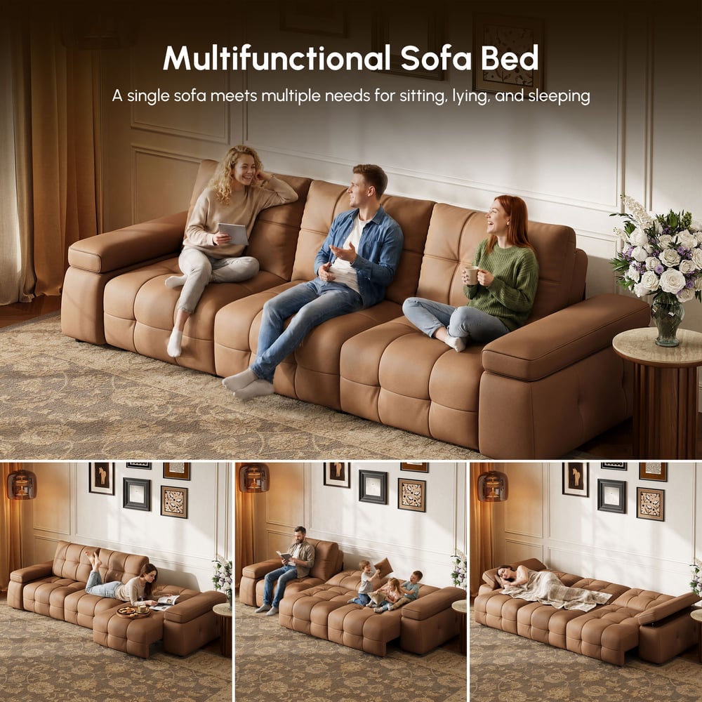 130" 3-Seater Genuine Leather Power Convertible Sleeper Sofa with adjustable armrests window image