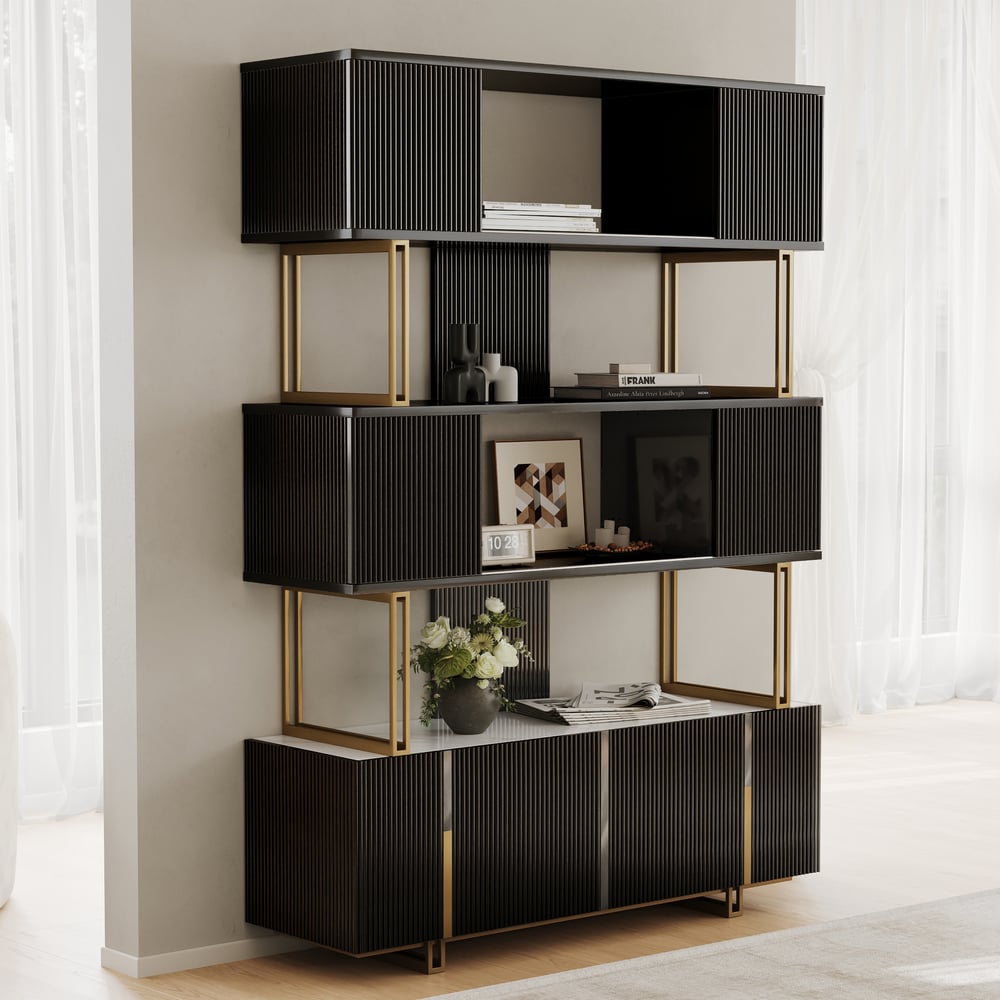 66.9" Glossy Black Sliding Door Etagere Bookshelf 5-Shelf Tall Book Shelf Rich Storage window image