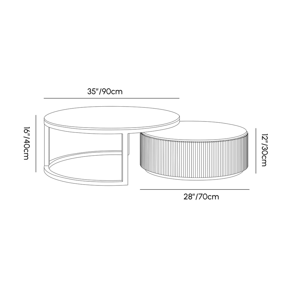 Conjunto de Mesas de Centro Redondas Aninhadas de 71-89 cm com Tampo de Pedra Sinterizada e Gaveta Imagem com pesos e dimensões