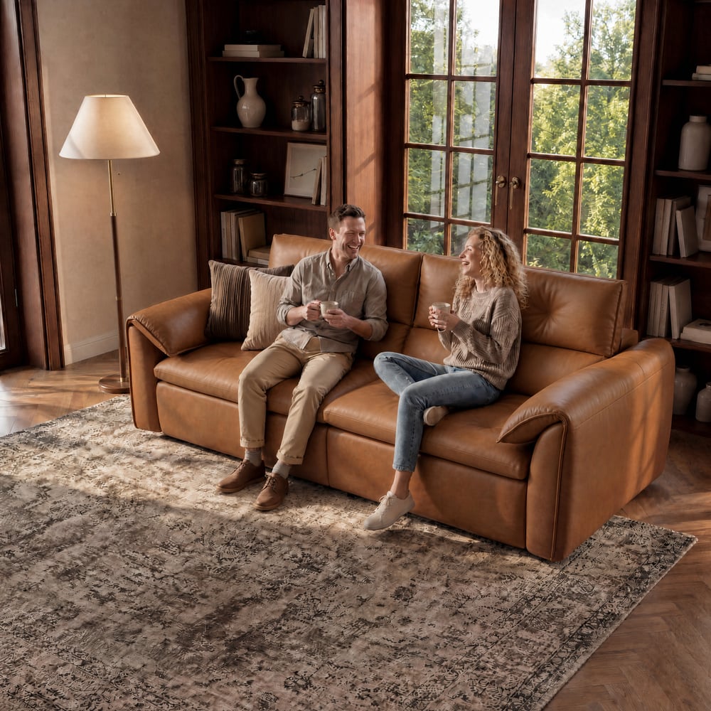 222cm 2-Seater Genuine Leather Power Convertible Sleeper Sofa with Adjustable Headrests window image