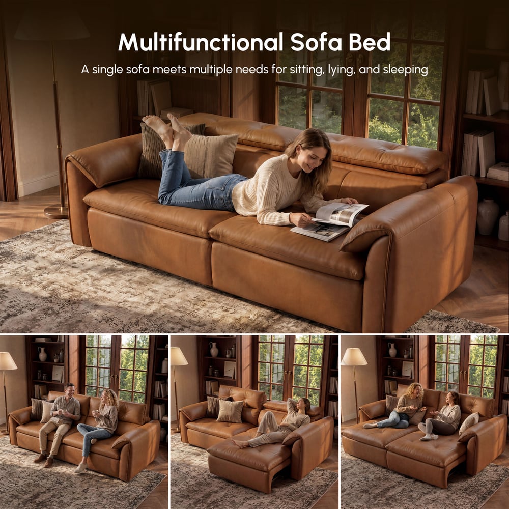 222cm 2-Seater Genuine Leather Power Convertible Sleeper Sofa with Adjustable Headrests window image