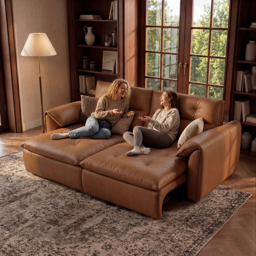 222cm 2-Seater Genuine Leather Power Convertible Sleeper Sofa with Adjustable Headrests window image