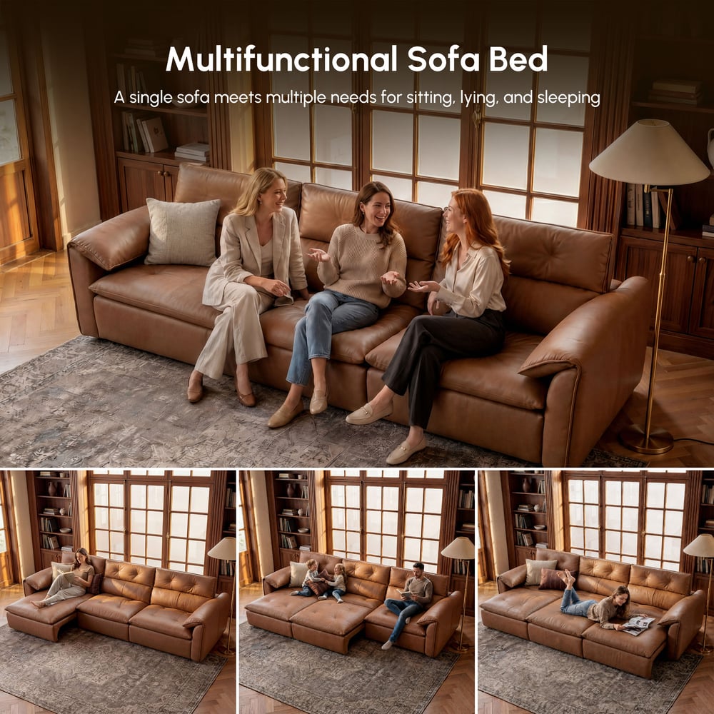 320cm 3-Seater Genuine Leather Power Convertible Sleeper Sofa with Adjustable Headrest window image