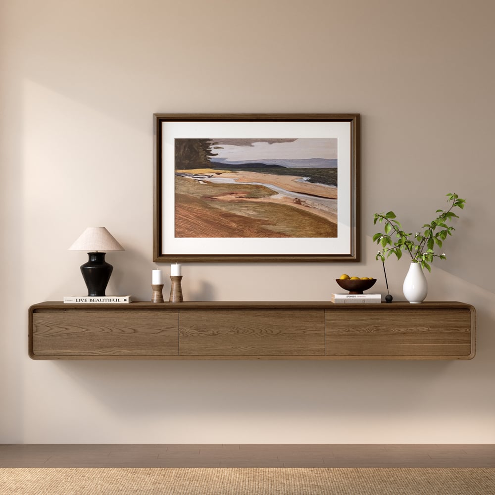 Mid Century Floating Wood TV Stand Unit in Walnut with 3 Drawers for TVs Up to 2159mm window image