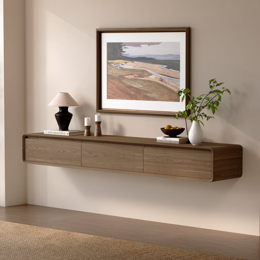 Mid Century Floating Wood TV Stand Unit in Walnut with 3 Drawers for TVs Up to 2159mm window image
