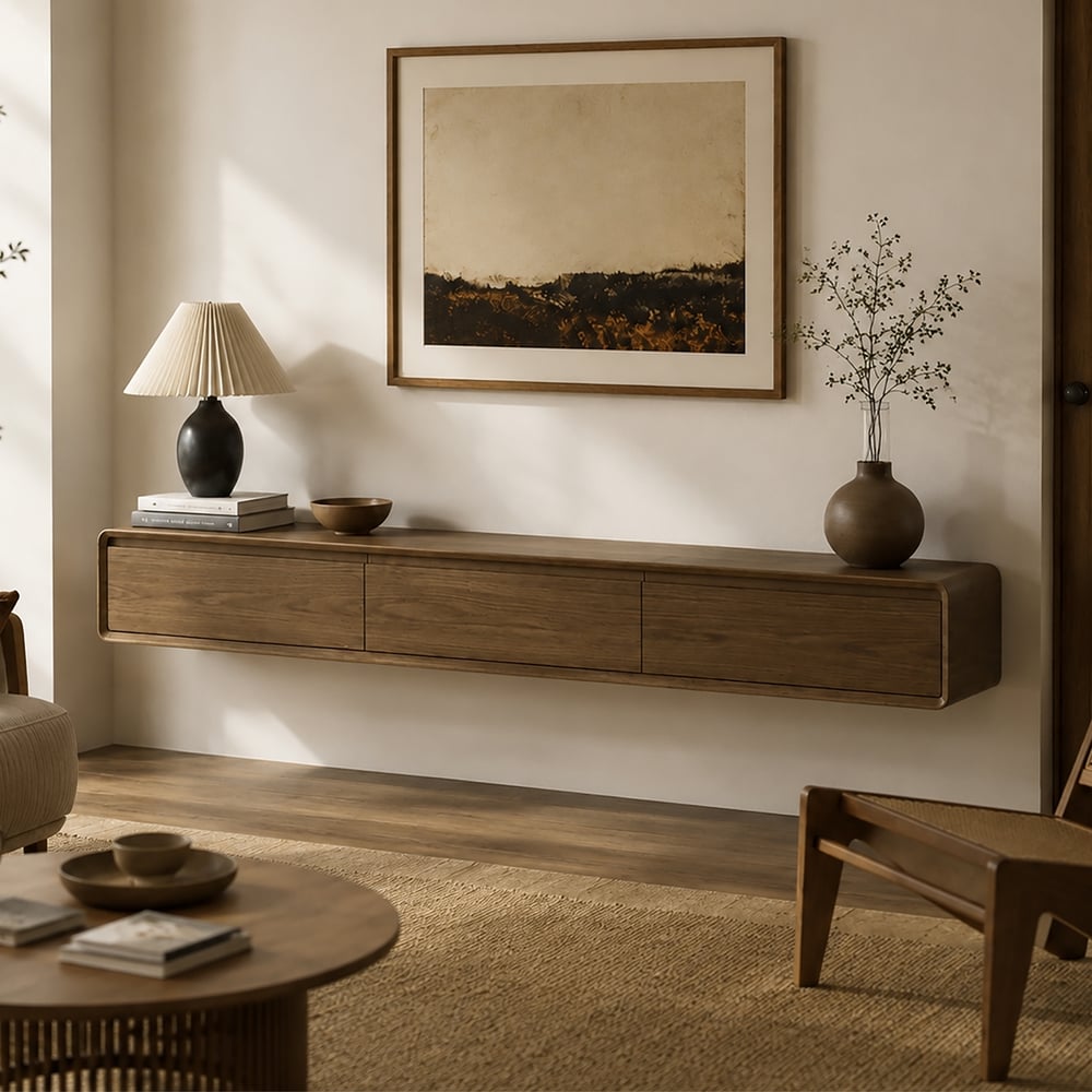 Mid Century Floating Wood TV Stand Unit in Walnut with 3 Drawers for TVs Up to 2159mm window image