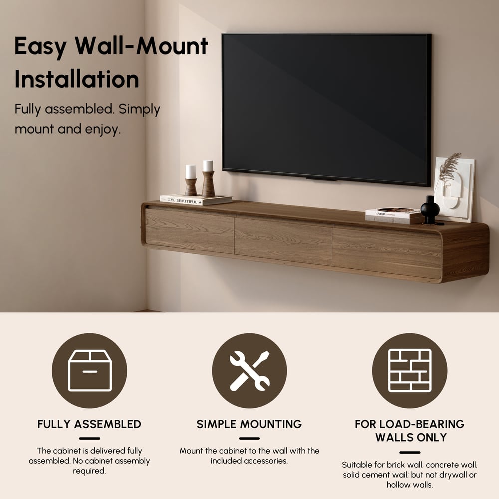Mid Century Floating Wood TV Stand Unit in Walnut with 3 Drawers for TVs Up to 2159mm window image