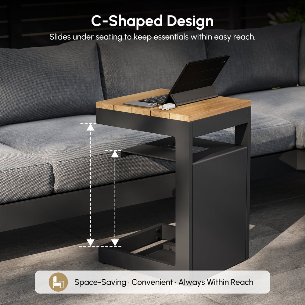 Tevara Outdoor Teak Aluminum Dark Gray Side Table with Solar Light (17") window image
