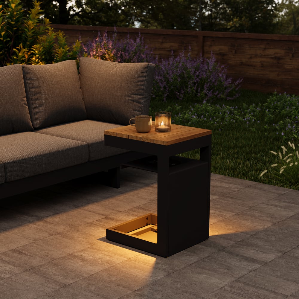 Tevara Outdoor Teak Aluminum Dark Gray Side Table with Solar Light (17") window image