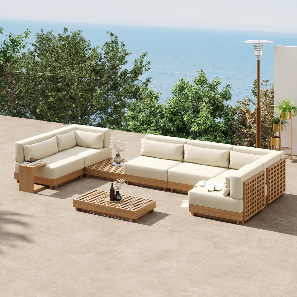 Grida 9-Piece Outdoor Teak Modular Sectional Sofa Set with Coffee Table in Ivory window image