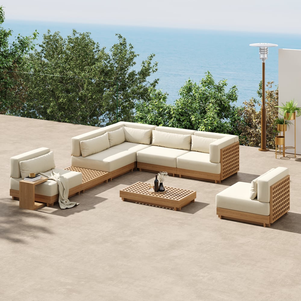 Grida 9-Piece Outdoor Teak Modular Sectional Sofa Set with Coffee Table in Ivory window image
