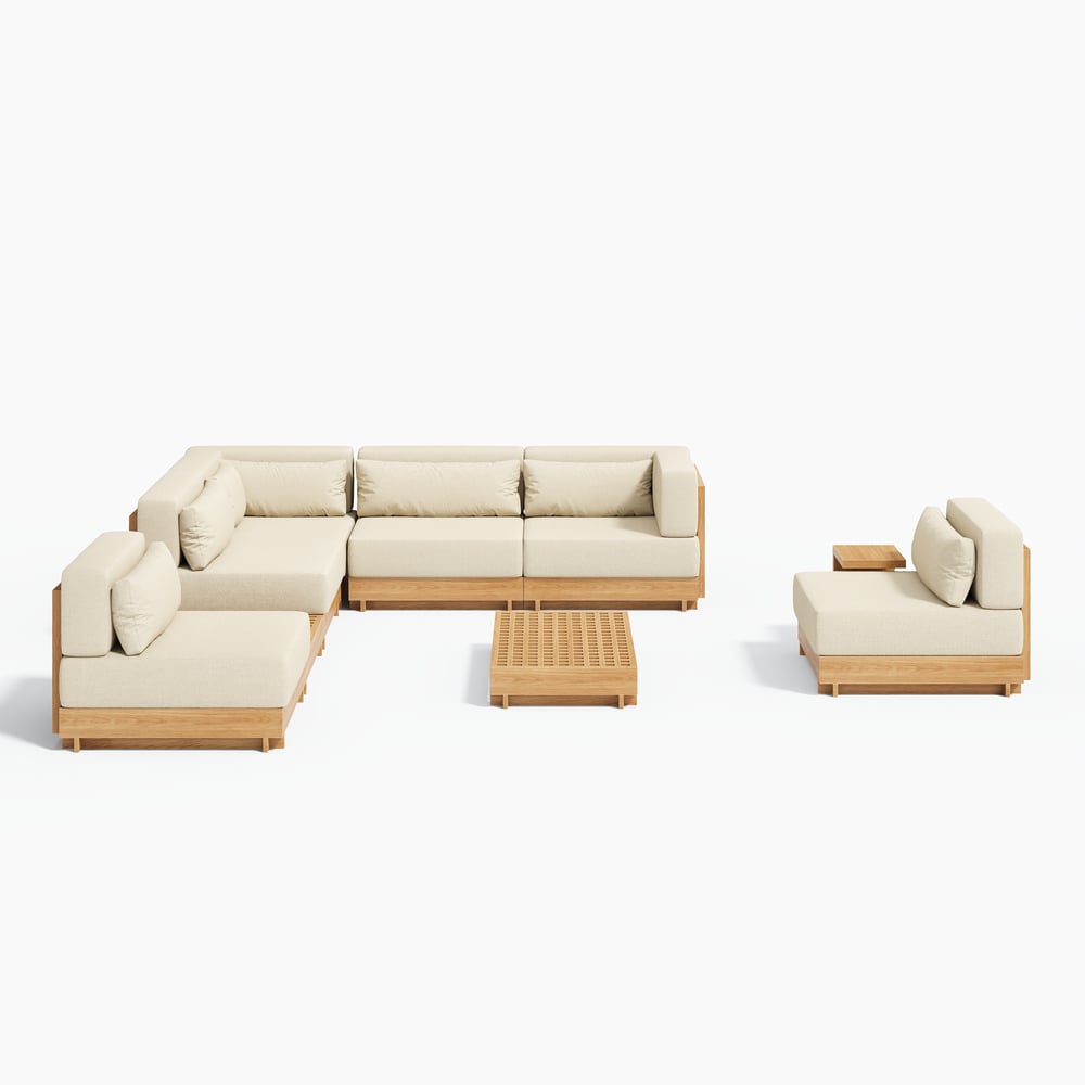 Grida 9-Piece Outdoor Natural Teak Modular Sectional Sofa Set with Coffee Table in Ivory window image