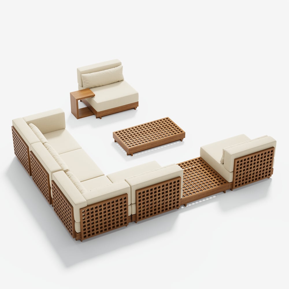 Grida 9-Piece Outdoor Teak Modular Sectional Sofa Set with Coffee Table in Ivory window image